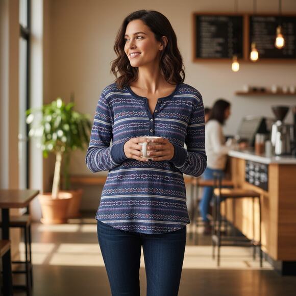 Chaps Fair Isle Henley Thermal Top Womens Size 1X Blue Cotton Tribal Classic Tee - Picture 9 of 9